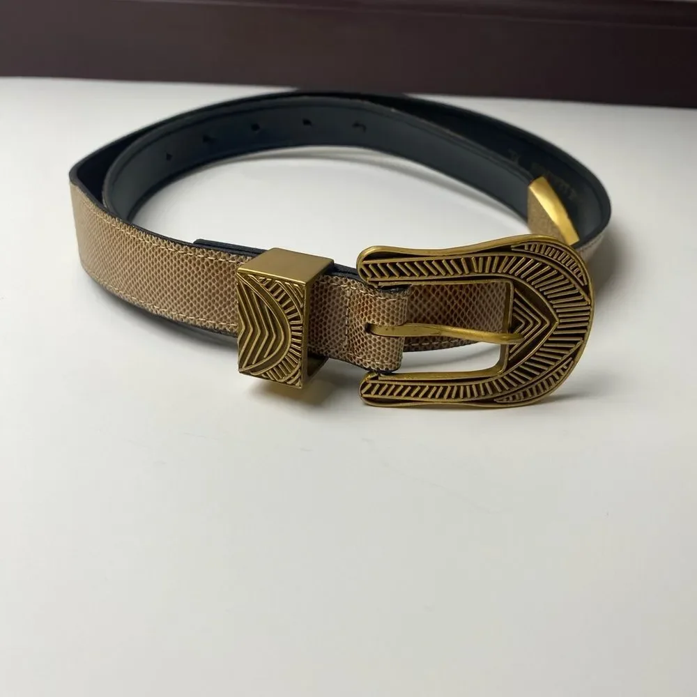 Riki Designs Genuine Leather Snakeskin Belt Gold Aztec Buckle Women's Size XL